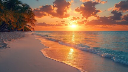 A beautiful orange sunset over a tropical beach with palm trees on white sand dunes creates a relaxing summer holiday destination.