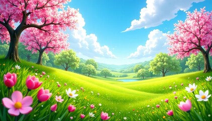 Vibrant spring landscape with blooming flowers, green grass, and blue sky, vibrant, spring, blue sky