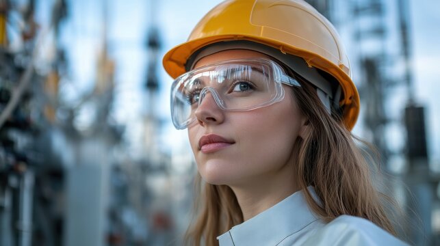 A woman, clad in a hard hat and protective glasses, stood confidently amidst the towering electrical substation, ready to embrace the challenges and triumphs of her role in the energy industry, her
