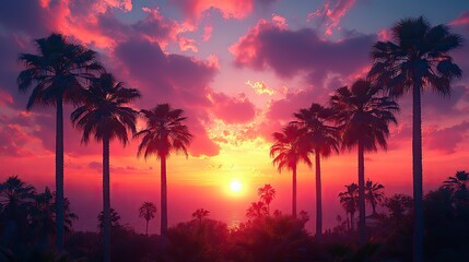 Obraz premium A beautiful sunset sky background with palm trees creates a natural frame evoking summer holiday tranquility.