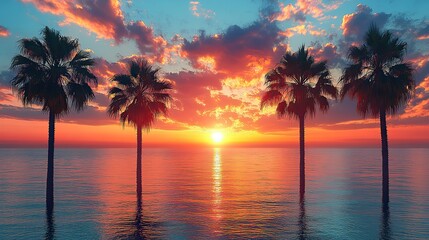 Obraz premium A beautiful sunset sky background with palm trees creates a natural frame evoking summer holiday tranquility.