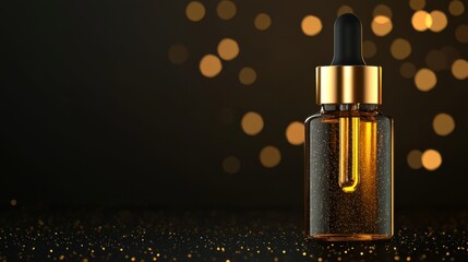 A luxurious dropper bottle filled with golden oil, set against a dark background with shimmering bokeh lights.