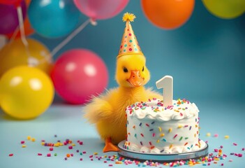 Yellow duckling wearing party hat, holding balloons, first birthday cake, duck, cake