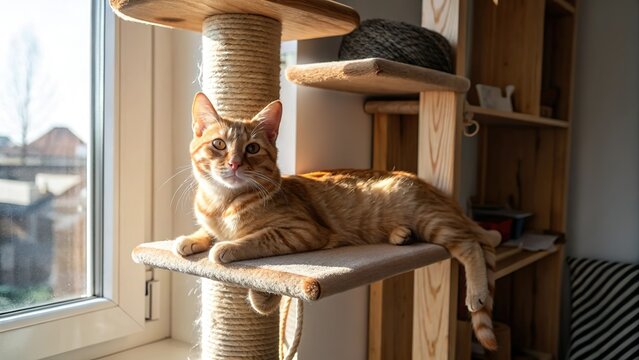 A ginger cat looking at a camera lounges comfortably on a wooden cat tree shelf in the sunlit room