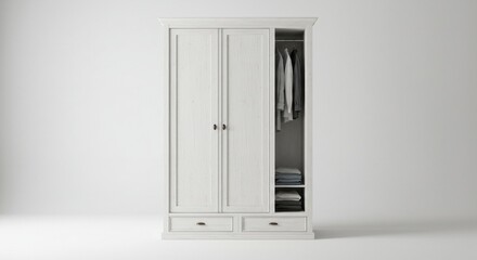 Obraz premium White wardrobe with opened doors and hanging clothes isolated white background