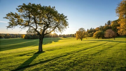 Fototapeta premium Green grass field lawn with trees and yellow sunlight against blue sky. Green Meadows Beautiful Journey Through Nature Great as a background