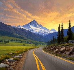 Fototapeta premium Illustration of road in wild and scenic landscape.