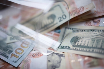 A Russian banknote value of 5000 rubles. The concept of finance, investment, savings and cash. Money background. Currency exhange. Economic crisis. Rouble dollar cash.