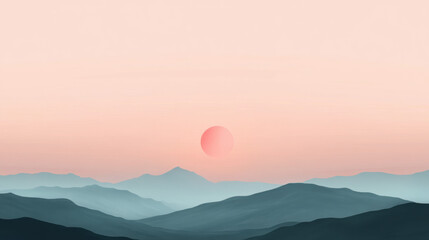 Fototapeta premium Stunning sunset over majestic mountains with a red sun creating a dramatic and colorful evening sky