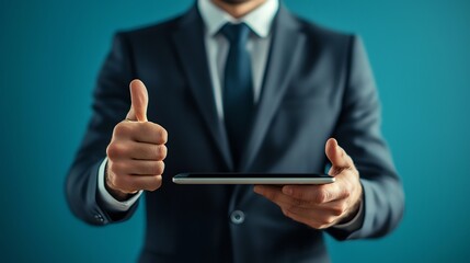 Businessman Holding Tablet and Giving Thumbs Up for Approval or Agreement