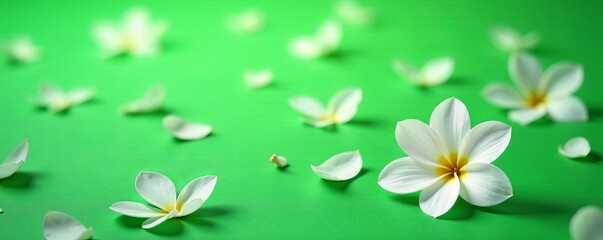 White flower petals scattered on a vibrant green surface, background, texture, summer