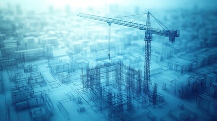 Fototapeta premium A detailed architectural blueprint, rendered in three dimensions, reveals a towering crane poised to construct a grand building, its shadow stretching across the cityscape.