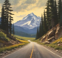 Illustration of road in wild and scenic landscape.