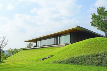 Obraz premium Modern minimalist house with large glass windows, integrated into a green landscape with rolling hills, blending architecture and nature. Copy space