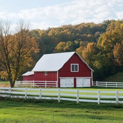 Obraz premium Classic red barn with white fence