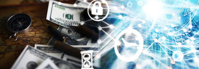 Magnetic compass. The concept of finding successful solutions problems. Compass, map, sleeves,...