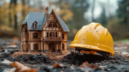 A miniature replica of a country manor, crafted from wood and painted with intricate details, stands beside its larger, yellow counterpart, a construction helmet, signifying the project