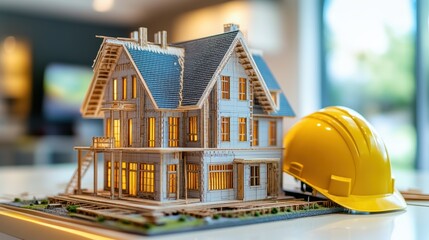 A miniature replica of a country manor, crafted from wood and painted with intricate details, stands beside its larger, yellow counterpart, a construction helmet, signifying the project