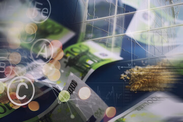 World grain crisis. Double exposure. A handful of cereals and euro banknotes on a blue background.