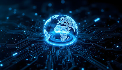 The digitally generated image features a computer circuit board overlaid with a translucent globe, symbolizing the seamless integration of technology and communication on a global scale
