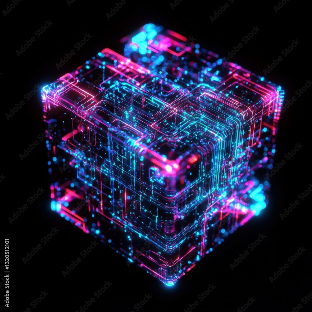 Wall mural glowing neon cube with intricate circuitry.