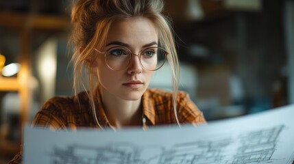 A determined woman engrossed in a blueprint at her architect office, her brow furrowed in concentration as she meticulously crafted her vision of a modern cityscape.