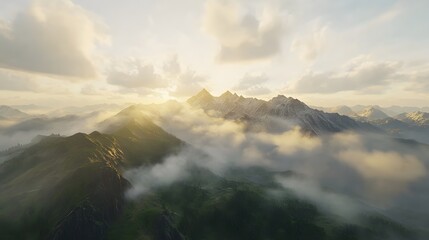 Majestic mountain range serene clouds landscape photography nature aerial view tranquility