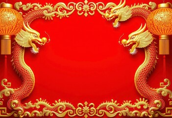 Intricate golden dragon & lantern borders frame a bright red background, celebratory Chinese festival vibe, design, festival