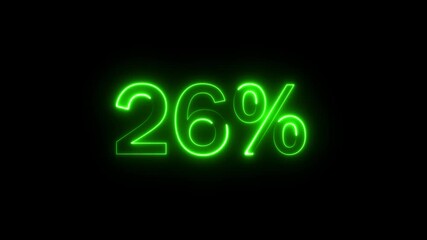 black background 26 percent neon glowing sign on loop animation green color icon
