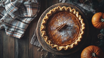 Top-view pumpkin pie with cinnamon and sugar on a rustic wooden table. Thanksgiving. World Food Day
