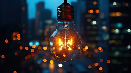 A brightly lit bulb hangs over a blurred office, symbolizing innovation and solutions in a workspace.