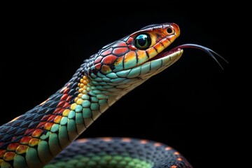 close up of a rainbow color snake isolated in black