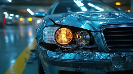 Fototapeta premium A broken headlight and bumper of a car in parking garage after a traffic accident need costly repairs and insurance.