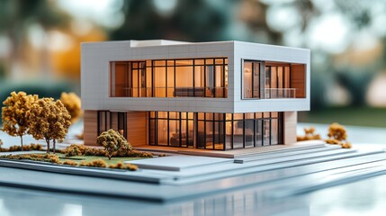 A blueprint for a modern residential structure, featuring intricate drawings and a detailed architectural model, showcasing its innovative design and functional layout.