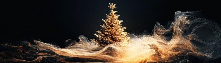 Glowing Christmas Tree with Ethereal Smoke on Dark Background