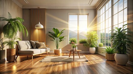 Fototapeta premium Serene Interior Scene with Sunlight on Wooden Floor Creating a Cozy Atmosphere
