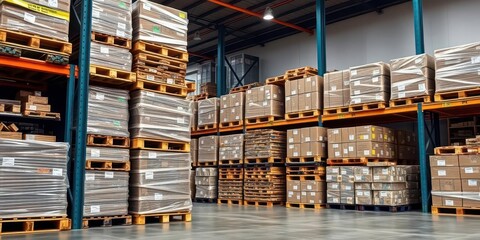 Organized warehouse inventory, pallets stacked neatly, packing, pallet