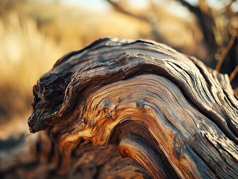 swirling fragments of dry ded wood trunk and branches, summer desert blurred background 