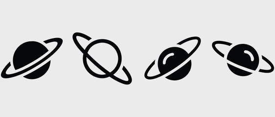 Black Silhouette Planet Icons with Rings - Minimalist Space Symbols,planet icons Set © Graphics Dot