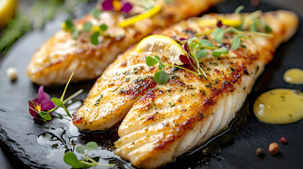 Deliciously Plated Herb Lemon Tilapia with Garnishments and Flavors on Elegant Black Slate