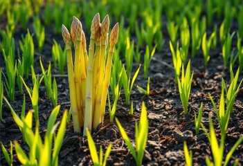 Sun-drenched asparagus spears emerge from rich soil, vibrant green shoots in a spring field, farm, market