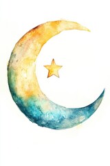 Watercolor Crescent Moon with Star