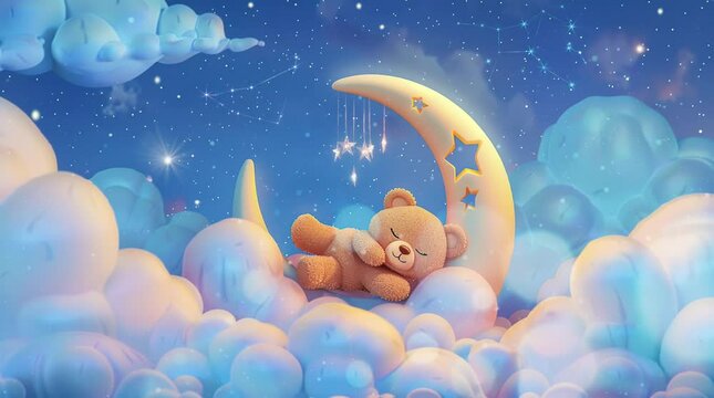 Cute teddy bear sleeping on moon among dreamy clouds. Seamless looping video
