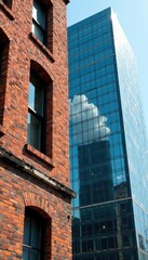 Obraz premium Crumbling brick facade juxtaposed with sleek glass skyscraper , metropolis, building, decay