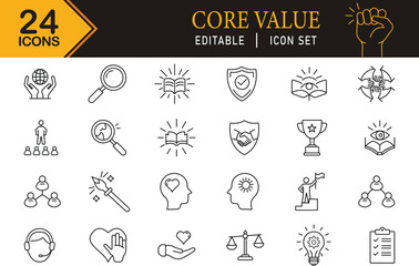 Fototapeta premium Core Values Editable Outline Icons set . Modern Thin Line Vector Illustration of Belief Related Icons: Happiness, Work, Community, and more . Pictograms and Infographics for Mobile Apps