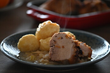Traditional Czech Homemade Potato Dumpling with Roast Pork