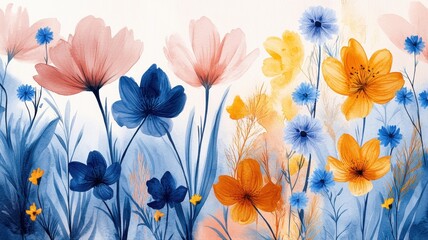 Vibrant Watercolor Floral Illustration with Blue, Pink, and Yellow Flowers in a Lush Garden Setting