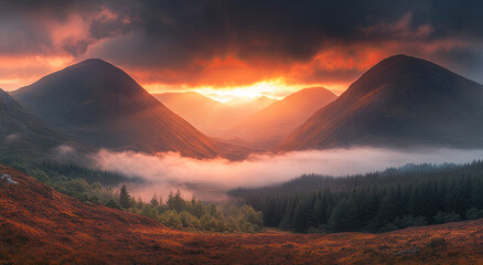 Fototapeta premium The sun rises behind the mountains, and thick clouds cover them from above. The sky is painted with hues of orange and red as it sets in front of the peaks.