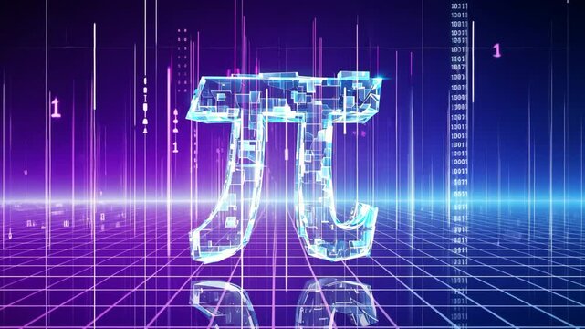 Bright digital pi symbol with neon glow, set against a purple-blue grid and binary code backdrop.
