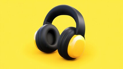 Naklejka premium A pair of stylish black and yellow headphones against a bright yellow background, emphasizing modern design and audio technology.